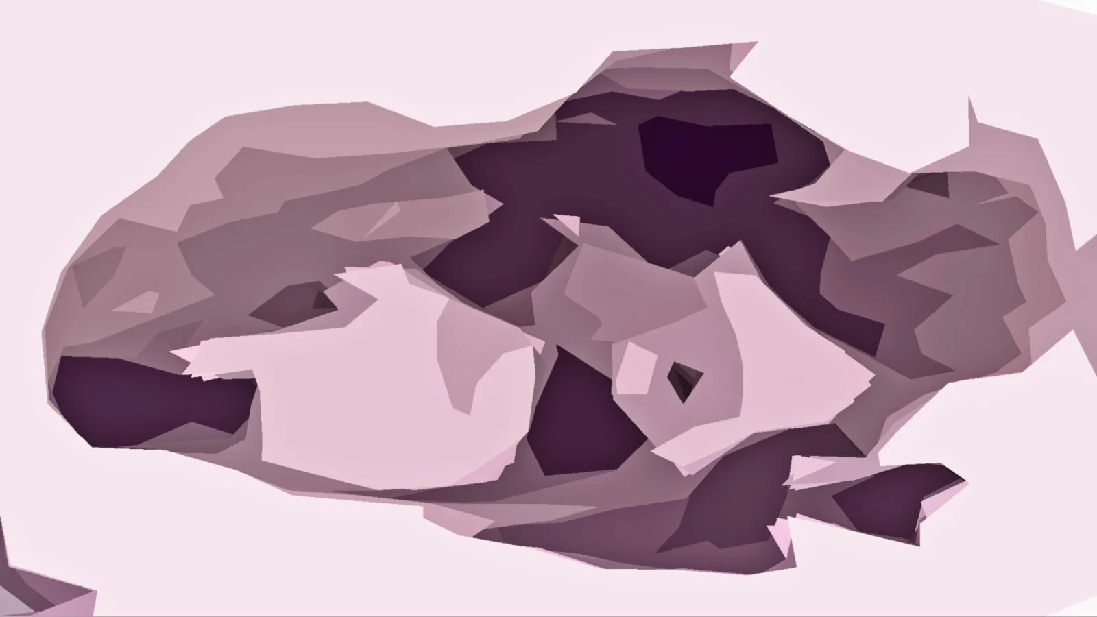 Abstrakte Komposition aus kantigen, flächigen Formen in Rosa, Mauve und dunklem Aubergine auf hellrosa Grund