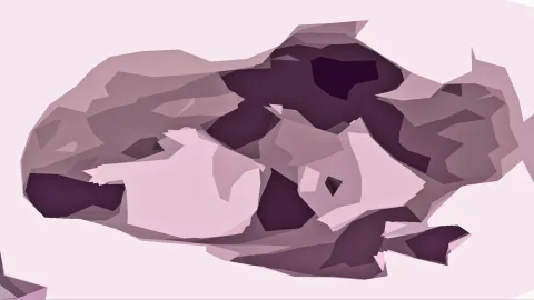 Abstrakte Komposition aus kantigen, flächigen Formen in Rosa, Mauve und dunklem Aubergine auf hellrosa Grund