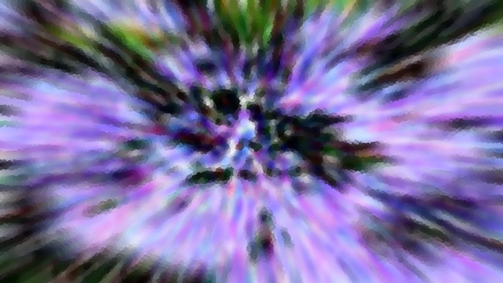 Abstrakte Komposition mit radial von einem dunklen Zentrum nach außen laufenden lila, blauen und grünen Streifen, mosaikartig verpixelt.