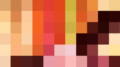 Mosaik aus quadratischen Pixelfeldern in Orange, Rot, Gelb, Rosa und Dunkelbraun.